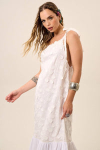 Yacamim White Long Dress with Tie Straps and Embroidered Flowers