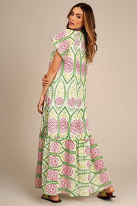Yacamim Women's White Broderie Anglaise Maxi Dress with Pink and Green Embroidery D6