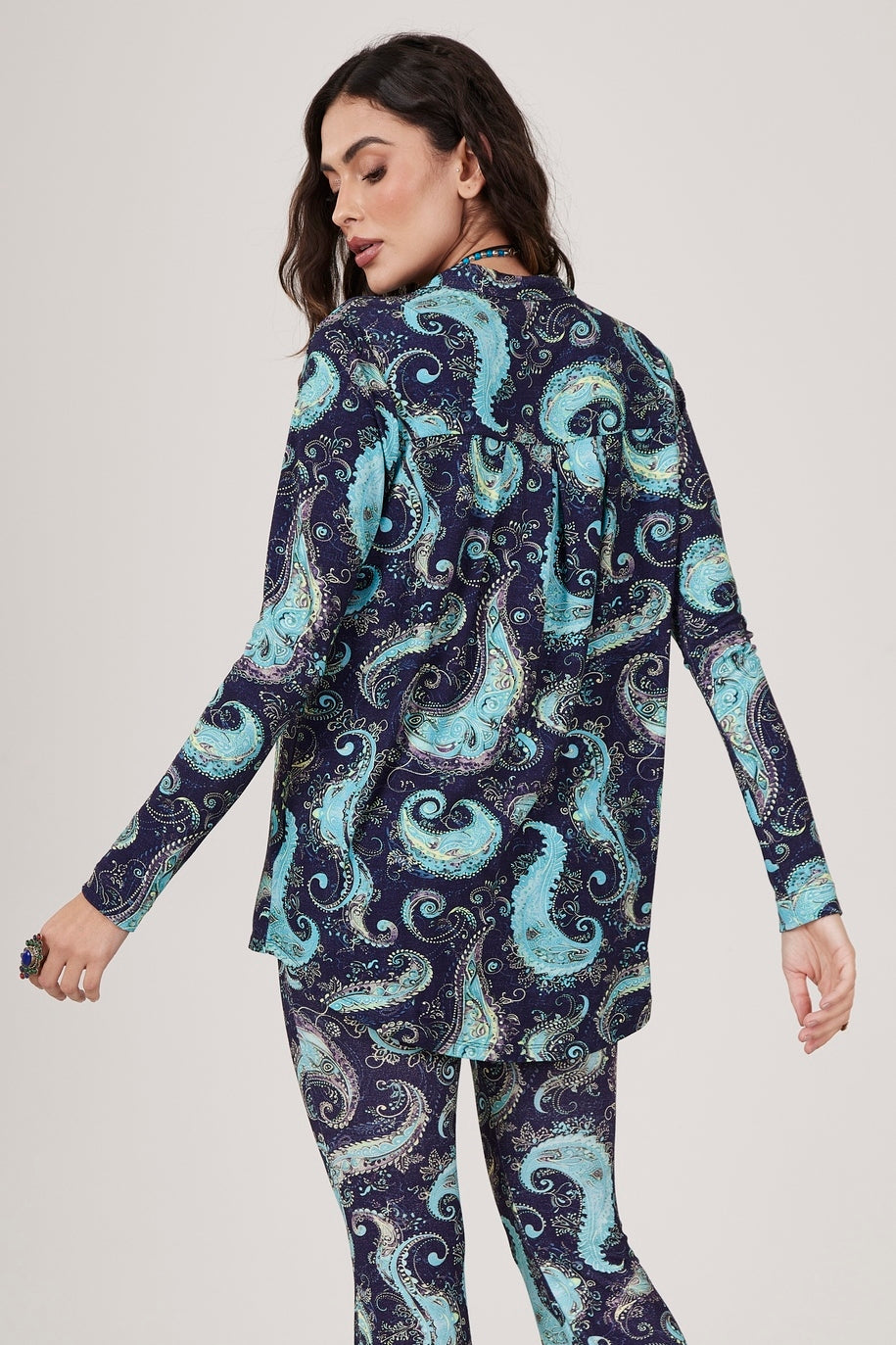 Yacamim Women's Loose-Fit Paisley Print Button-Down Shirt A14