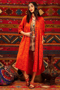 Yacamim Orange Broderie Folded Sleeve Midi Shirt Dress