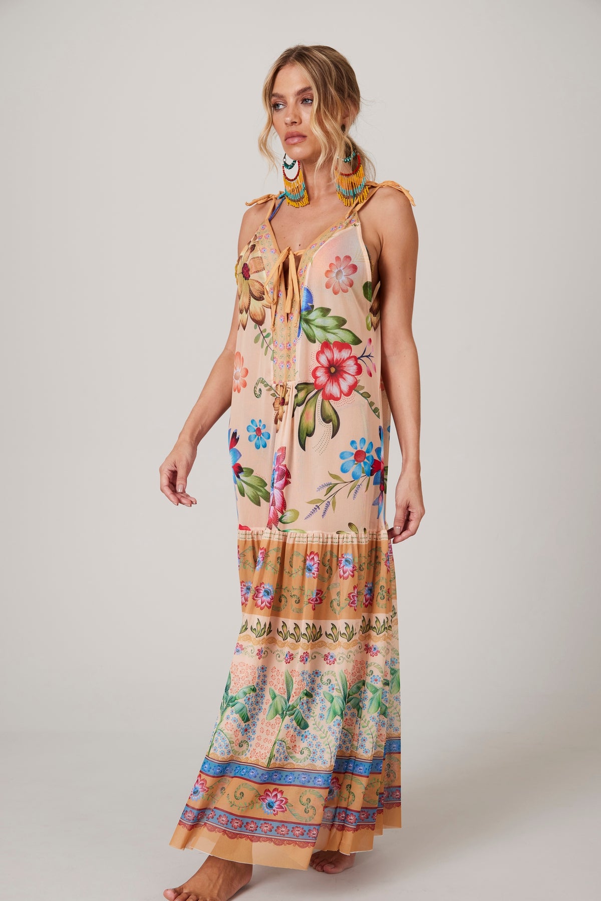 Yacamim K1 Orange Printed Tulle Midi Dress with Tie Straps