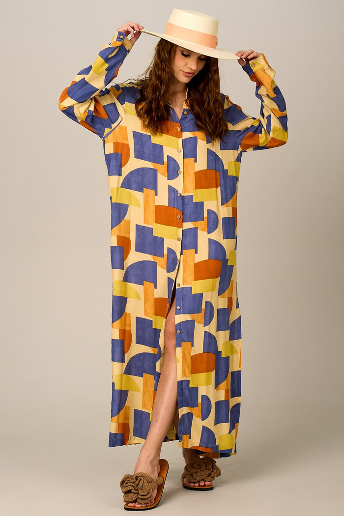 Yacamim P4 Long Loose Geometric Print Chemise