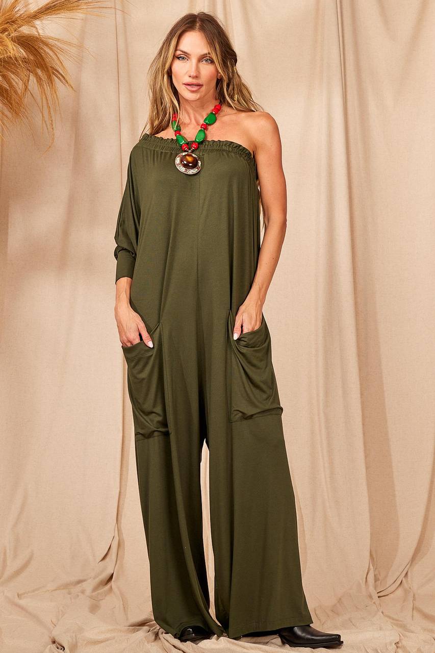 Yacamim Dark Green One-Shoulder Wide-Leg Jumpsuit with Pockets