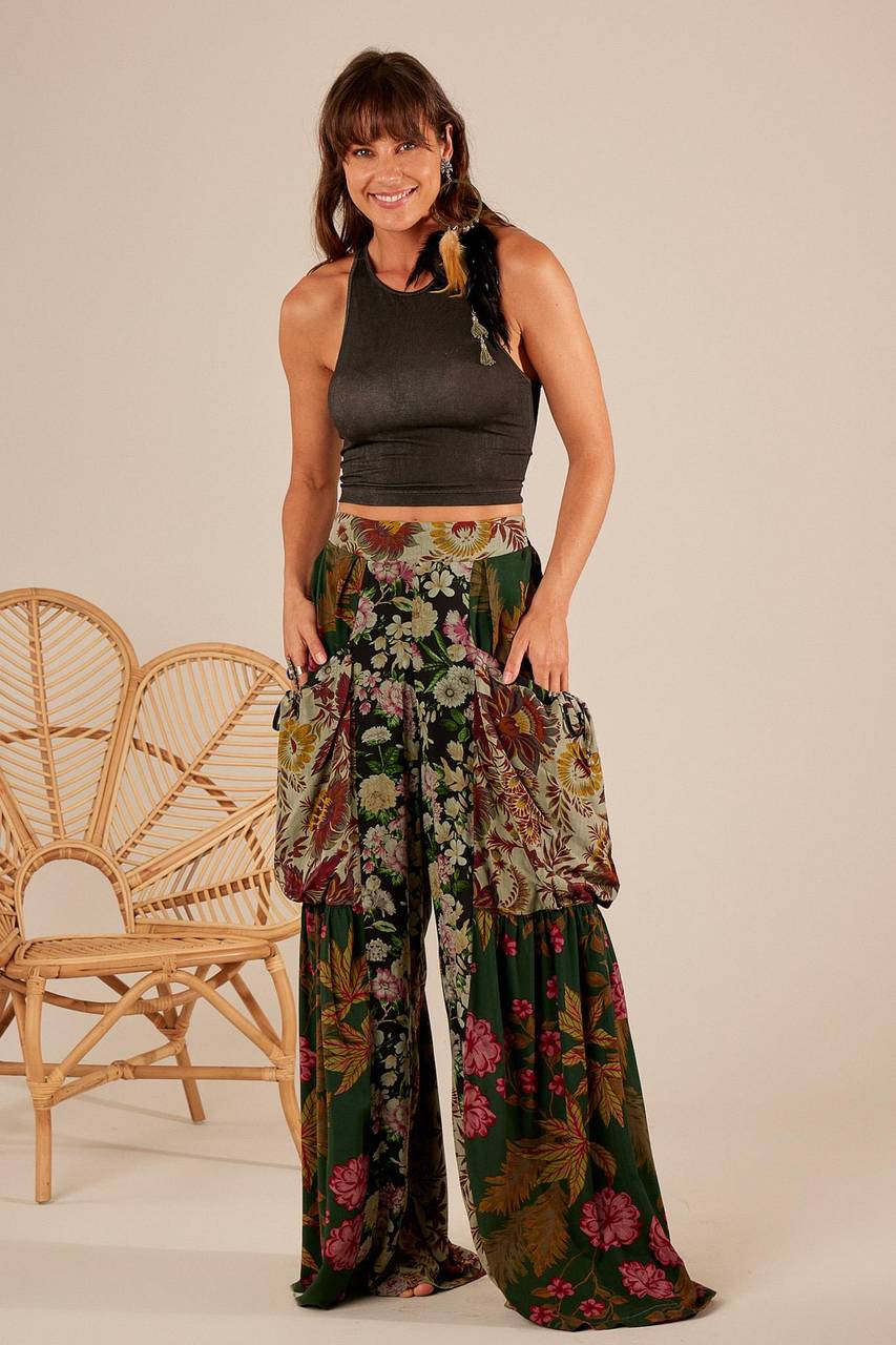 Yacamim H1 Dark Green Patchwork High-Waisted Wide-Leg Pants