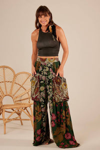 Yacamim H1 Dark Green Patchwork High-Waisted Wide-Leg Pants