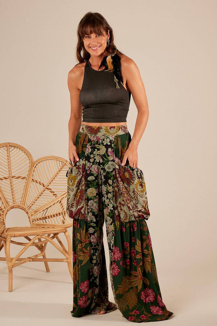 Yacamim H1 Dark Green Patchwork High-Waisted Wide-Leg Pants