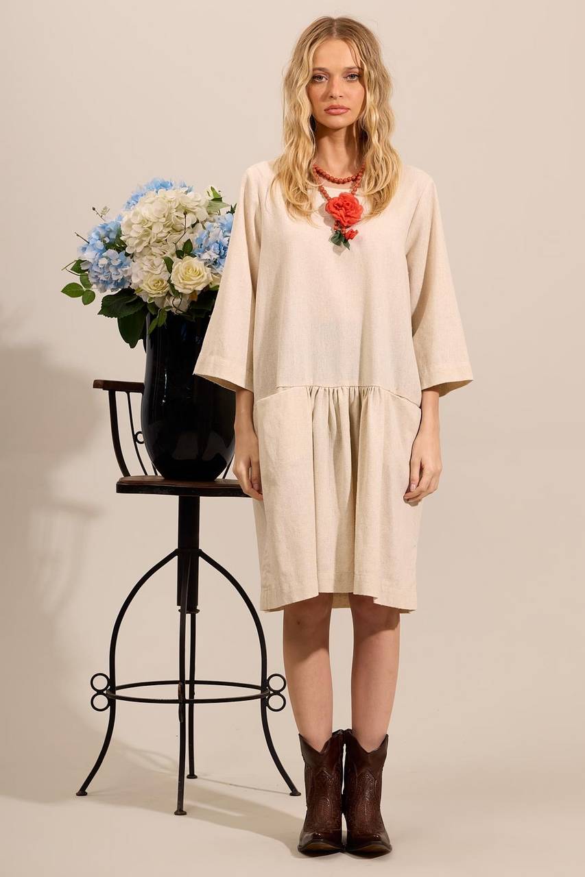 Yacamim Beige Linen Short Dress With Pockets