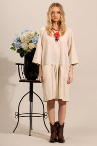 Yacamim Beige Linen Short Dress With Pockets