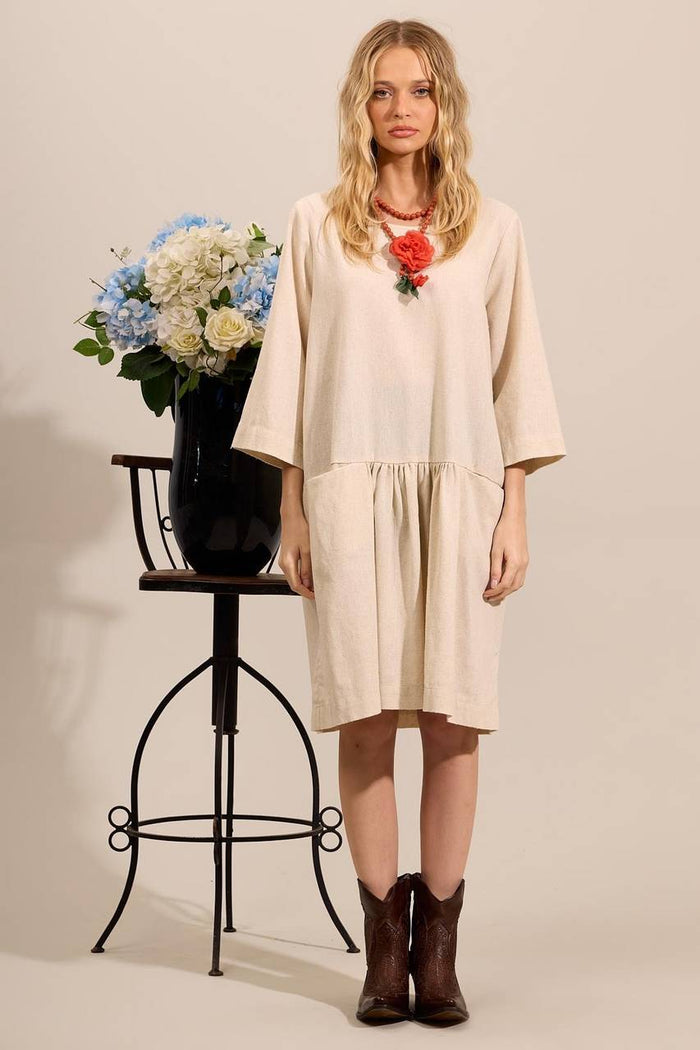 Yacamim Beige Linen Short Dress With Pockets