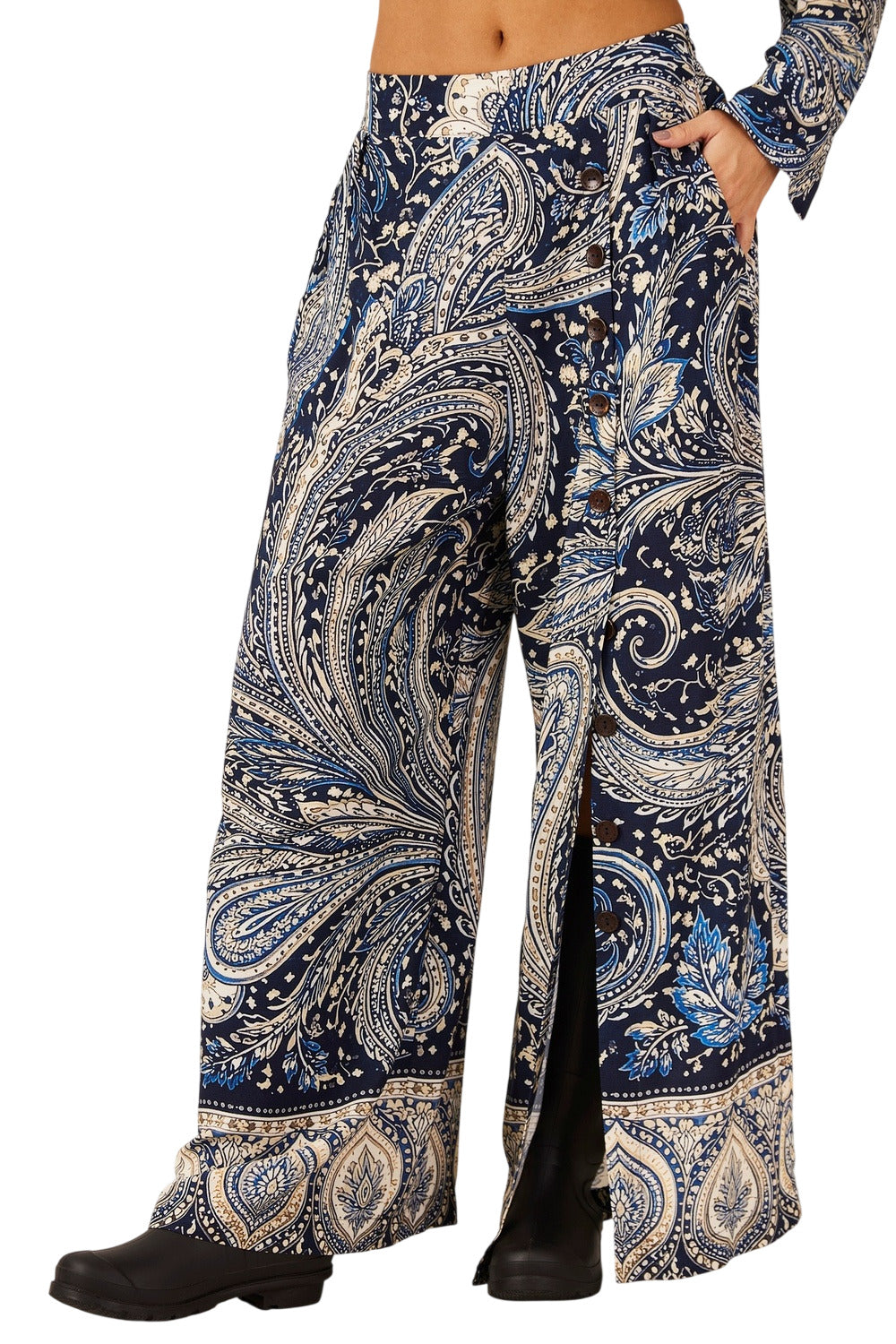 Yacamim A20 Blue Paisley Print Wide-Leg Pants with Pockets