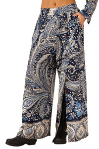 Yacamim A20 Blue Paisley Print Wide-Leg Pants with Pockets