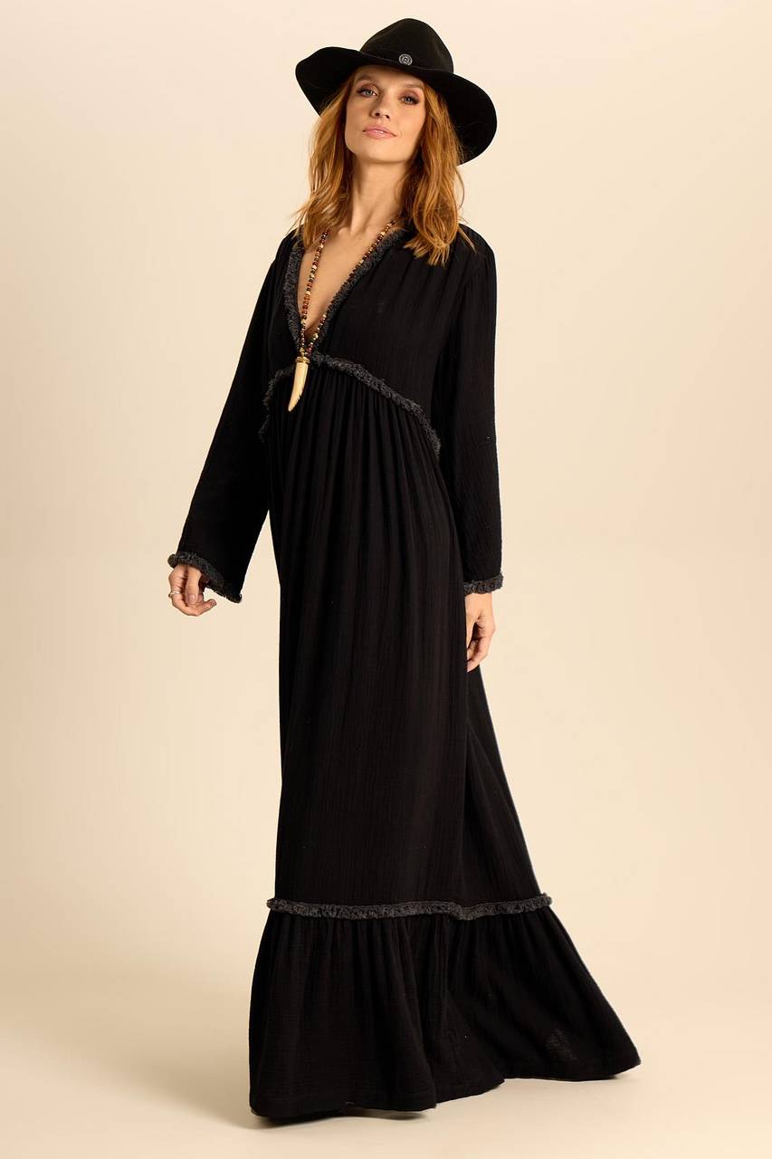 Yacamim Black Long Sleeve V-Neck Long Dress e23
