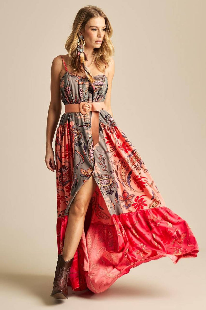 Yacamim D18 Grey and Pink Patchwork Long Dress with Adjustable Straps