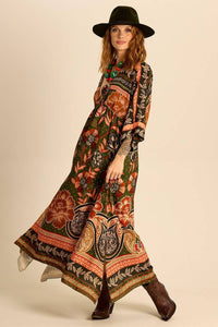 Yacamim Printed Dark Green Long Kaftan with Waist Tunnel