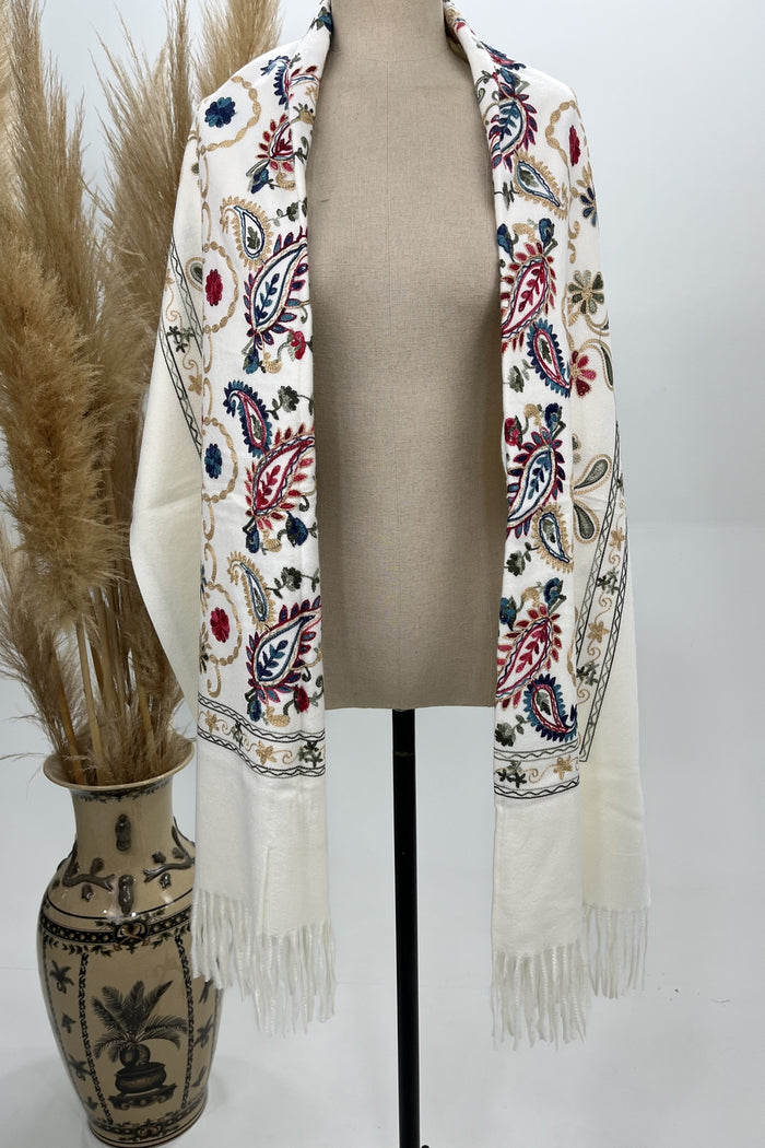 Embroidered Off-White Cashmere Scarf Yacamim #222