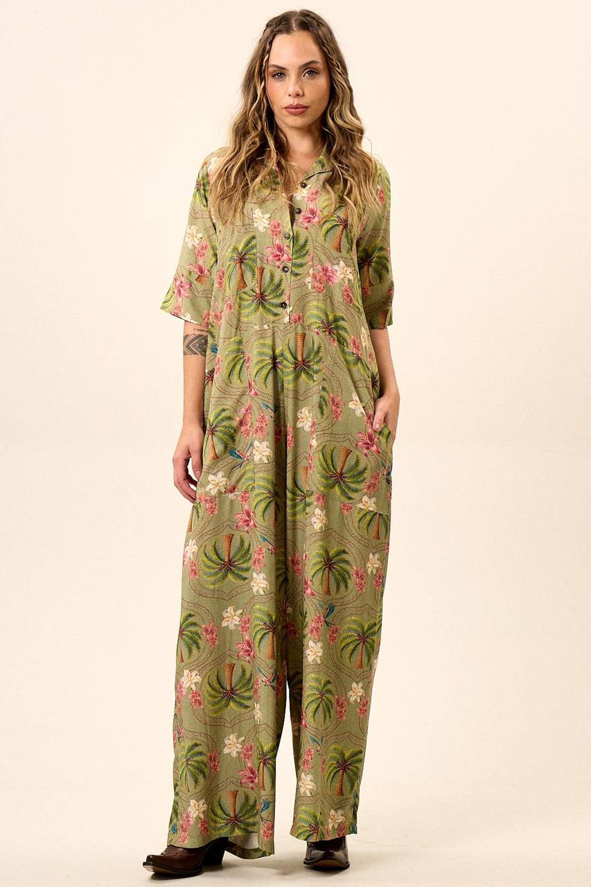 Yacamim O3 Green Printed Wide-Leg Jumpsuit