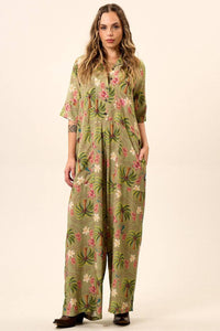 Yacamim O3 Green Printed Wide-Leg Jumpsuit