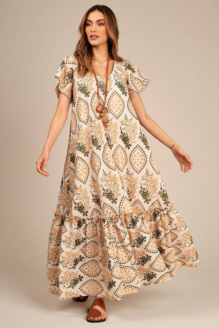 Yacamim Beige Printed Eyelet Long Dress