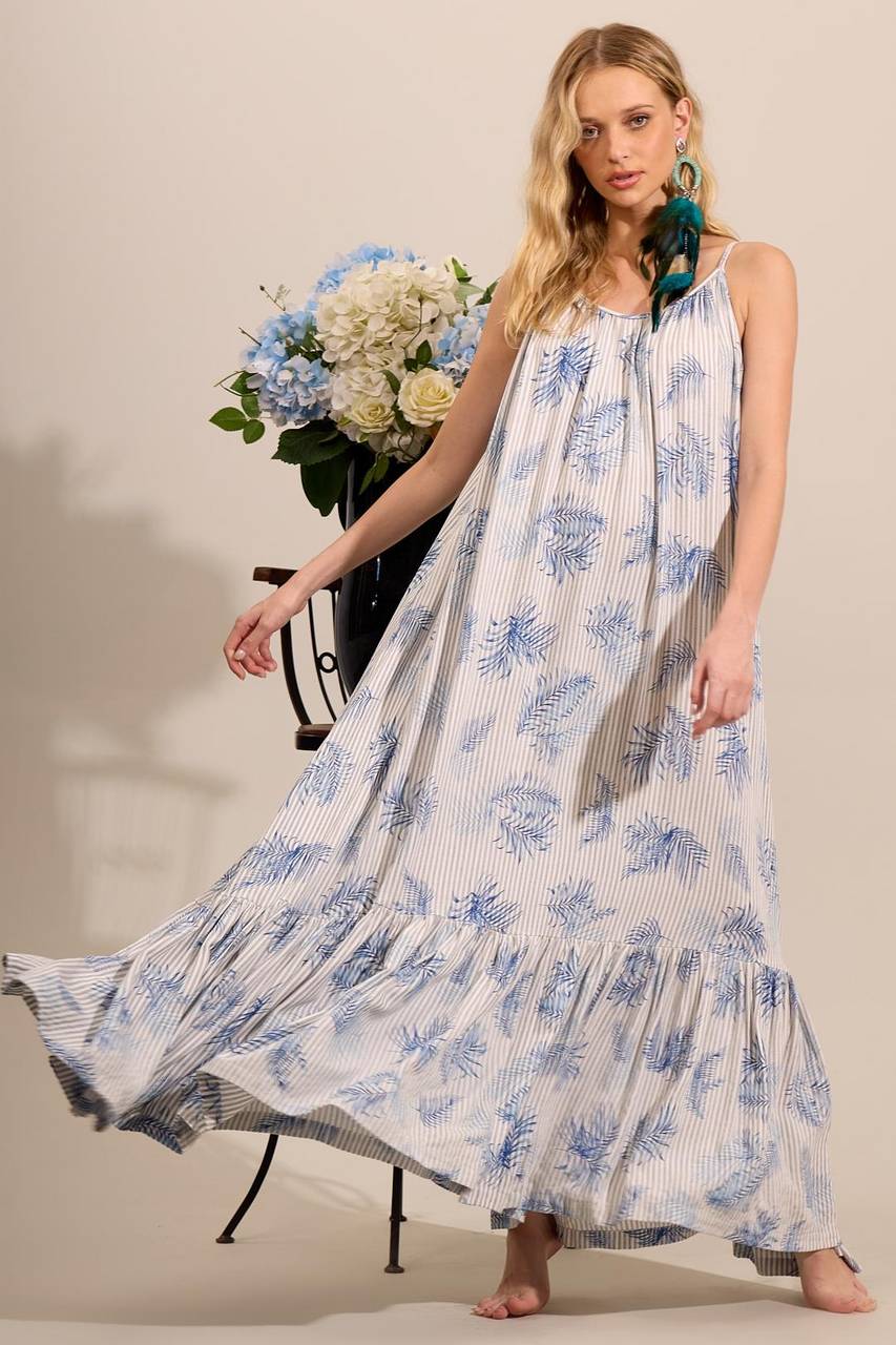 Yacamim E22 Gray Striped Long Dress with Adjustable Straps