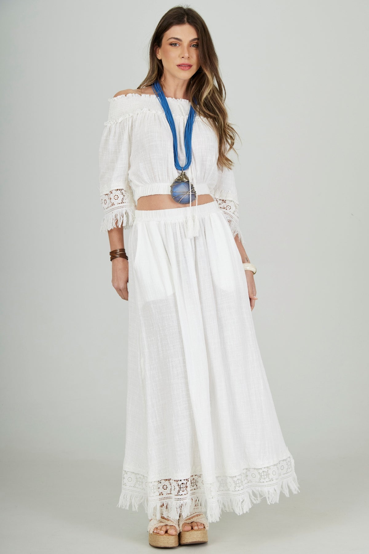 Yacamim Bahêa Collection White Cotton Maxi Skirt Q7