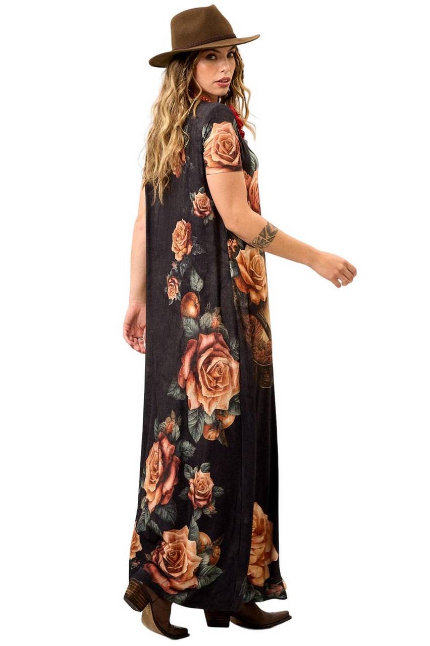Yacamim Graphite Short Sleeve Long Dress with Guitar Print