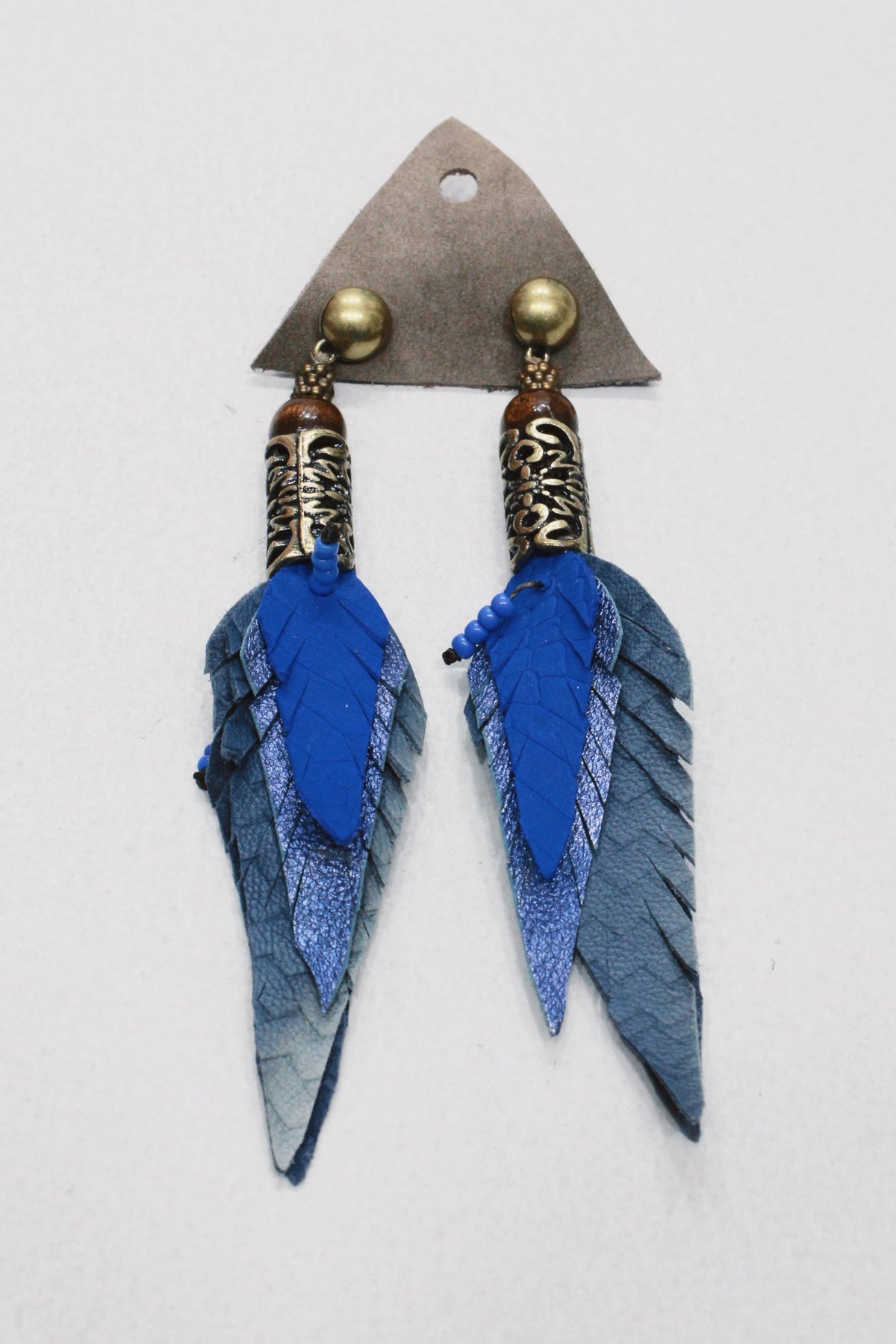 Handmade Blue Leather Earring with Worked Metal Yacamim #655