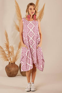 Yacamim White and Pink Printed Sleeveless Short Dress
