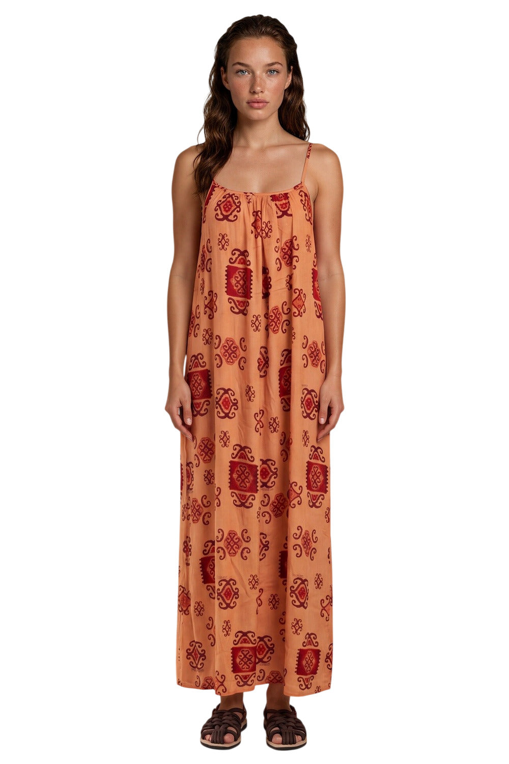 Vestido Longo Laranja Claro Estampado Coleção Peru Yacamim K6