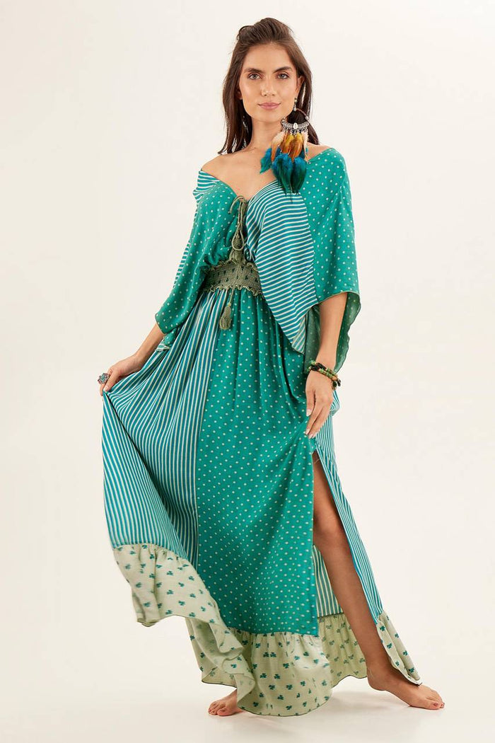Yacamim Patchwork Green Off-the-Shoulder V-Neck Maxi Dress