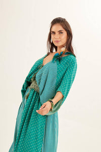 Yacamim Patchwork Green Off-the-Shoulder V-Neck Maxi Dress