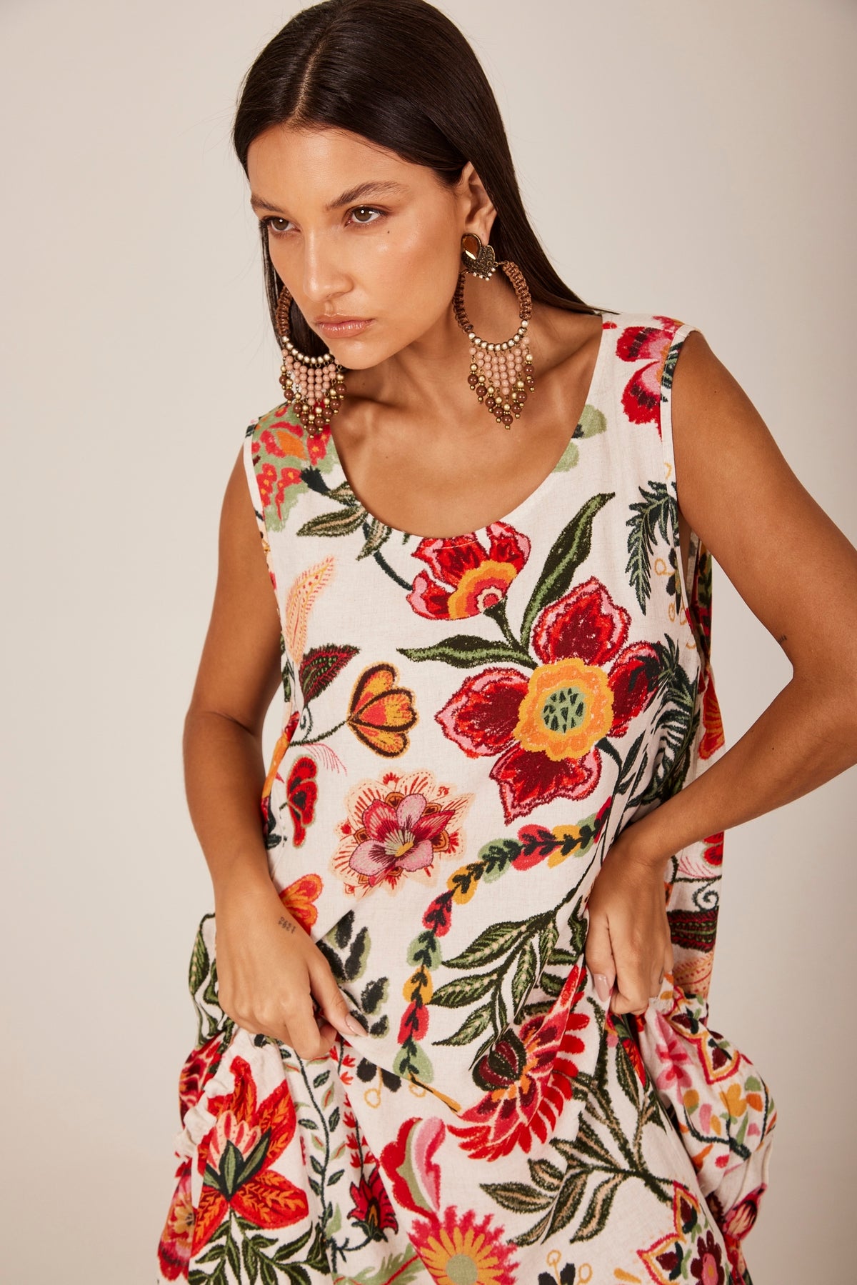 Yacamim E22 White Printed Linen Sleeveless Midi Dress
