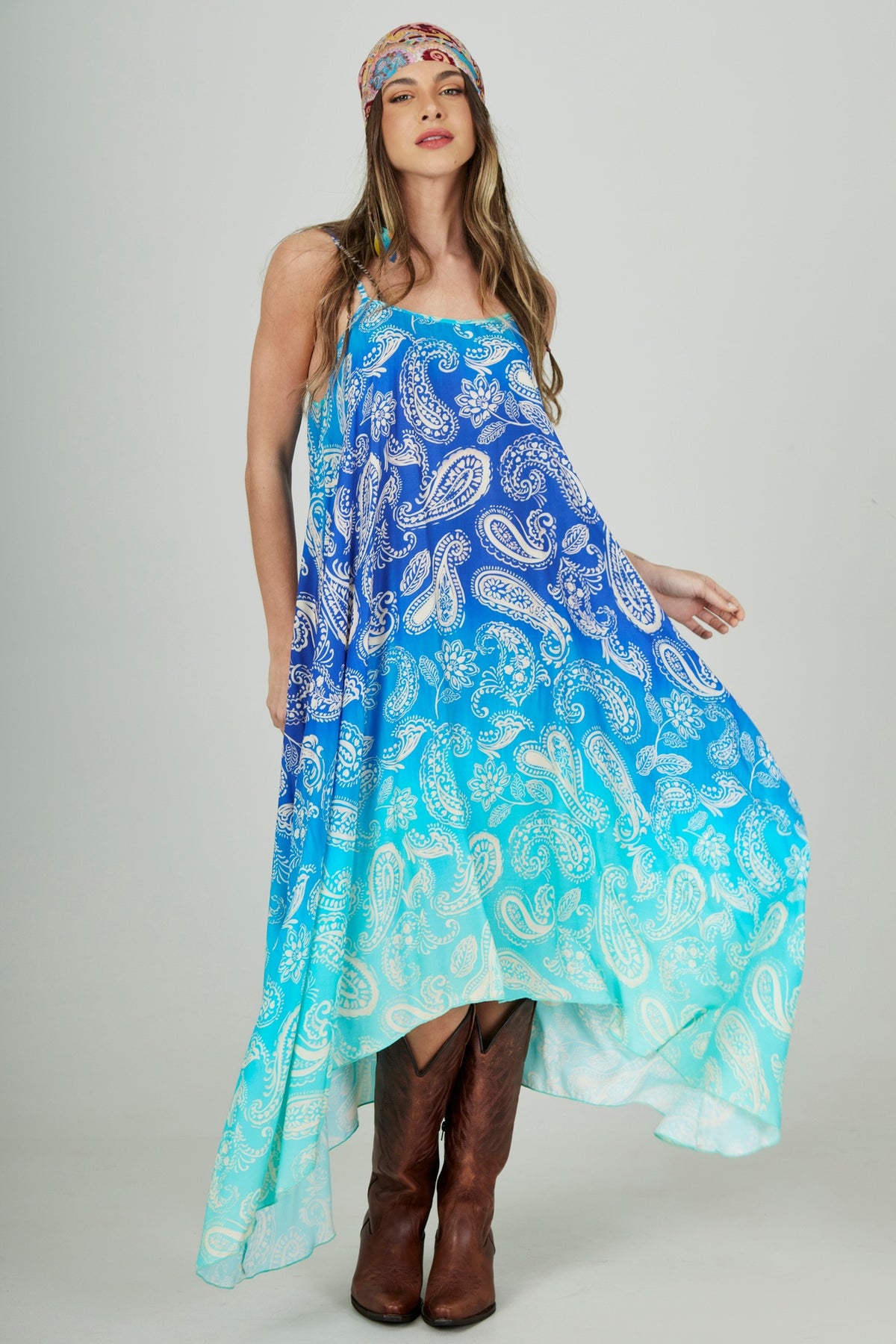 Yacamim E24 Wide Blue Ombre Paisley Long Dress