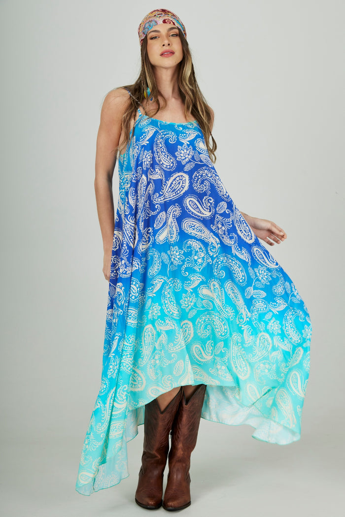 Yacamim E24 Wide Blue Ombre Paisley Long Dress