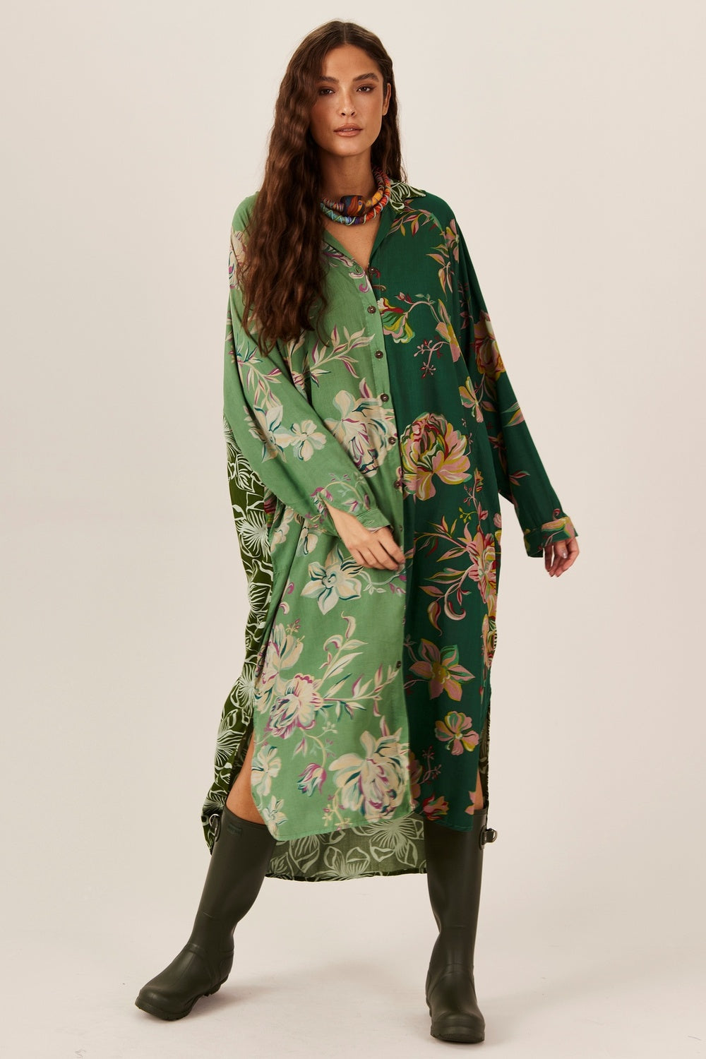 Yacamim N5 Green Patchwork Midi Shirt