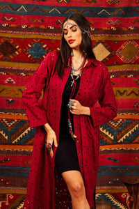 Yacamim Wine Broderie Midi Shirt with Rolled Sleeves