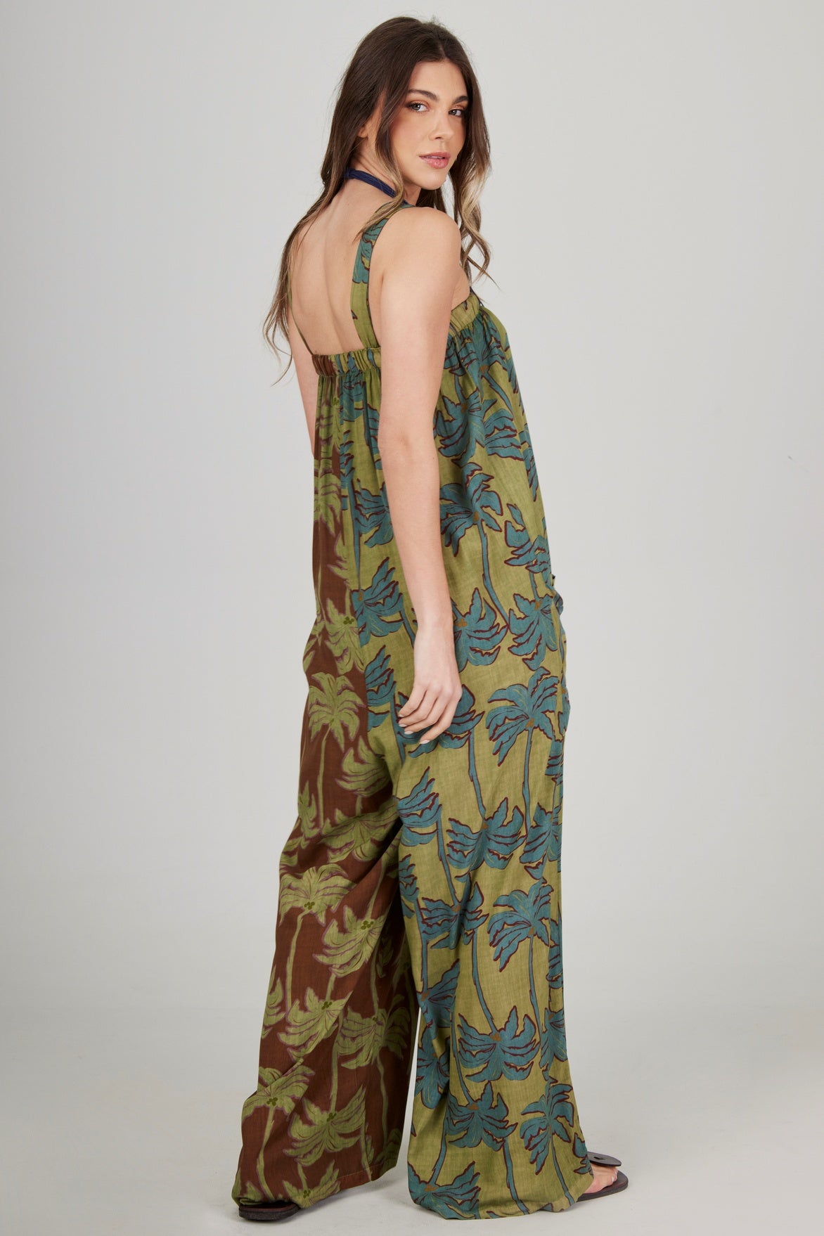 Long Palazzo Jumpsuit Green Coconut Tree Print Patchwork Yacamim O7