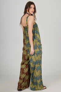 Long Palazzo Jumpsuit Green Coconut Tree Print Patchwork Yacamim O7