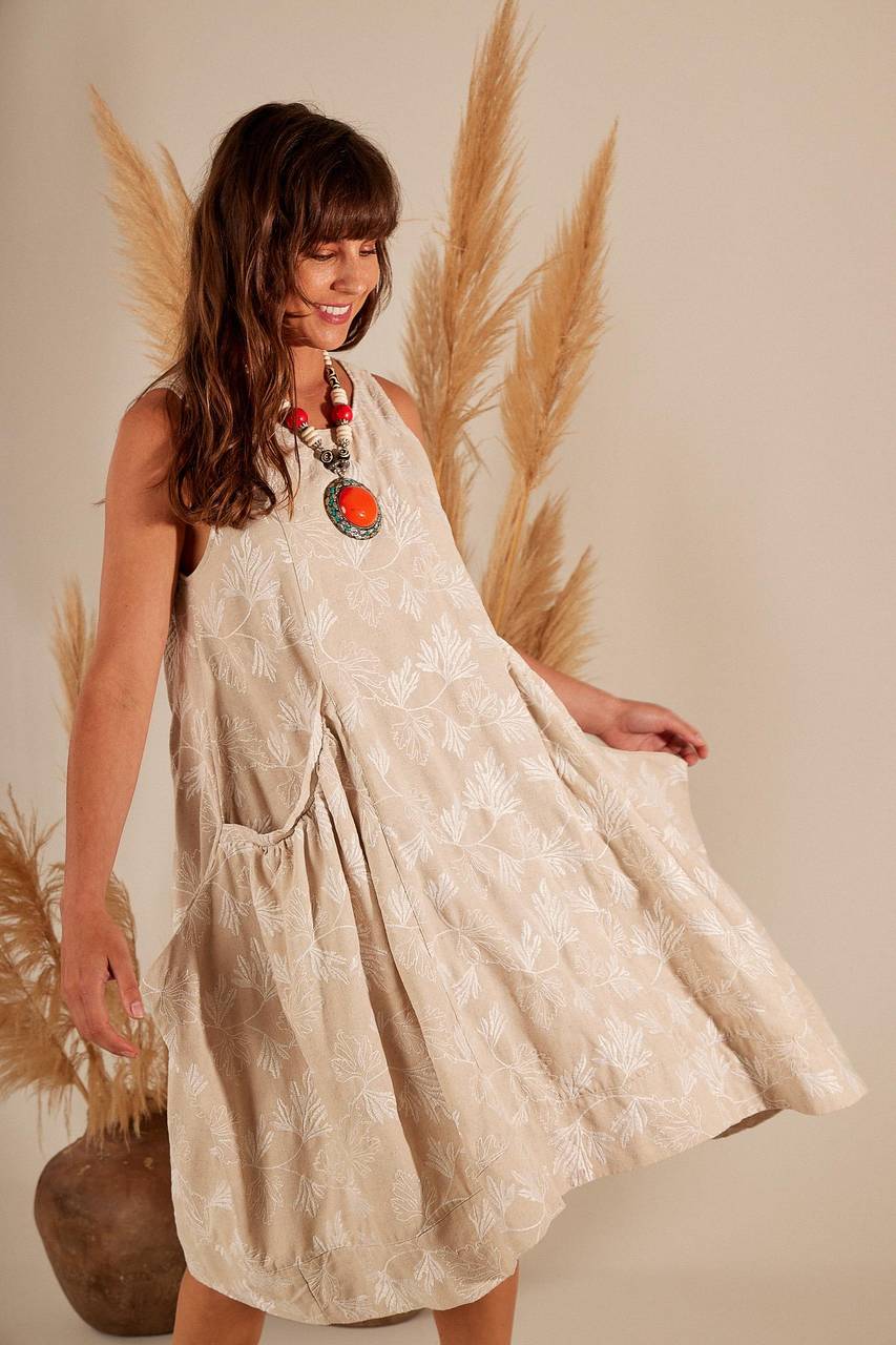 Yacamim Sleeveless Beige Linen Short Dress