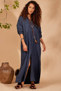 Yacamim Navy Blue Loose Long Shirt with Rolled-Up Sleeves