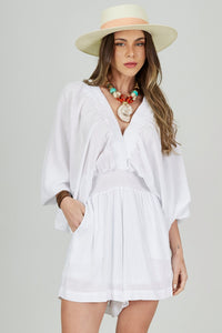 White Yacamim O4 Short Romper with Wrap Neckline