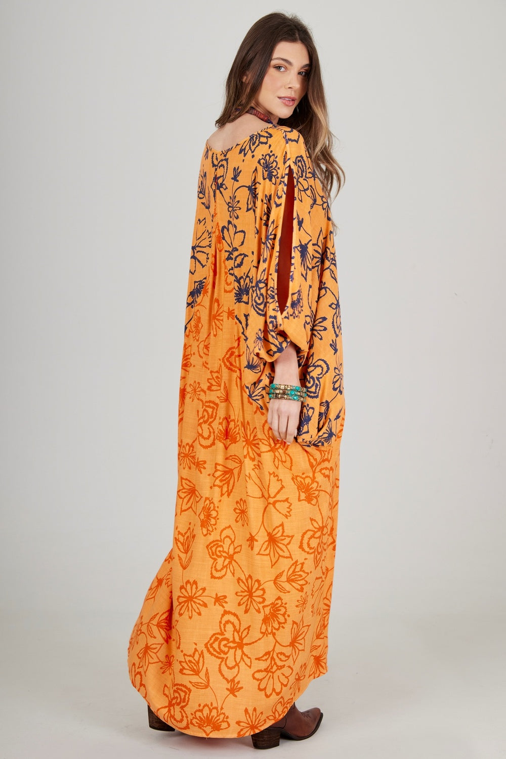 Yacamim C24 Orange Long Dress Lotus Flower Patchwork