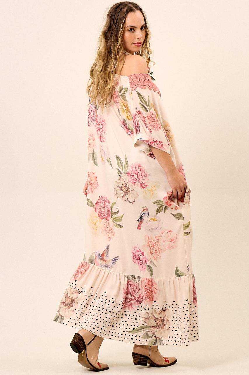 Yacamim E15 Light Rosé Printed Long Dress with Lace Detail