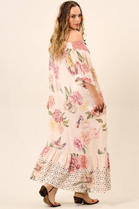 Yacamim E15 Light Rosé Printed Long Dress with Lace Detail