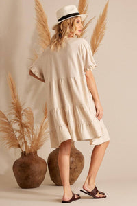 Yacamim E9 Beige Linen V-Neck Short Dress