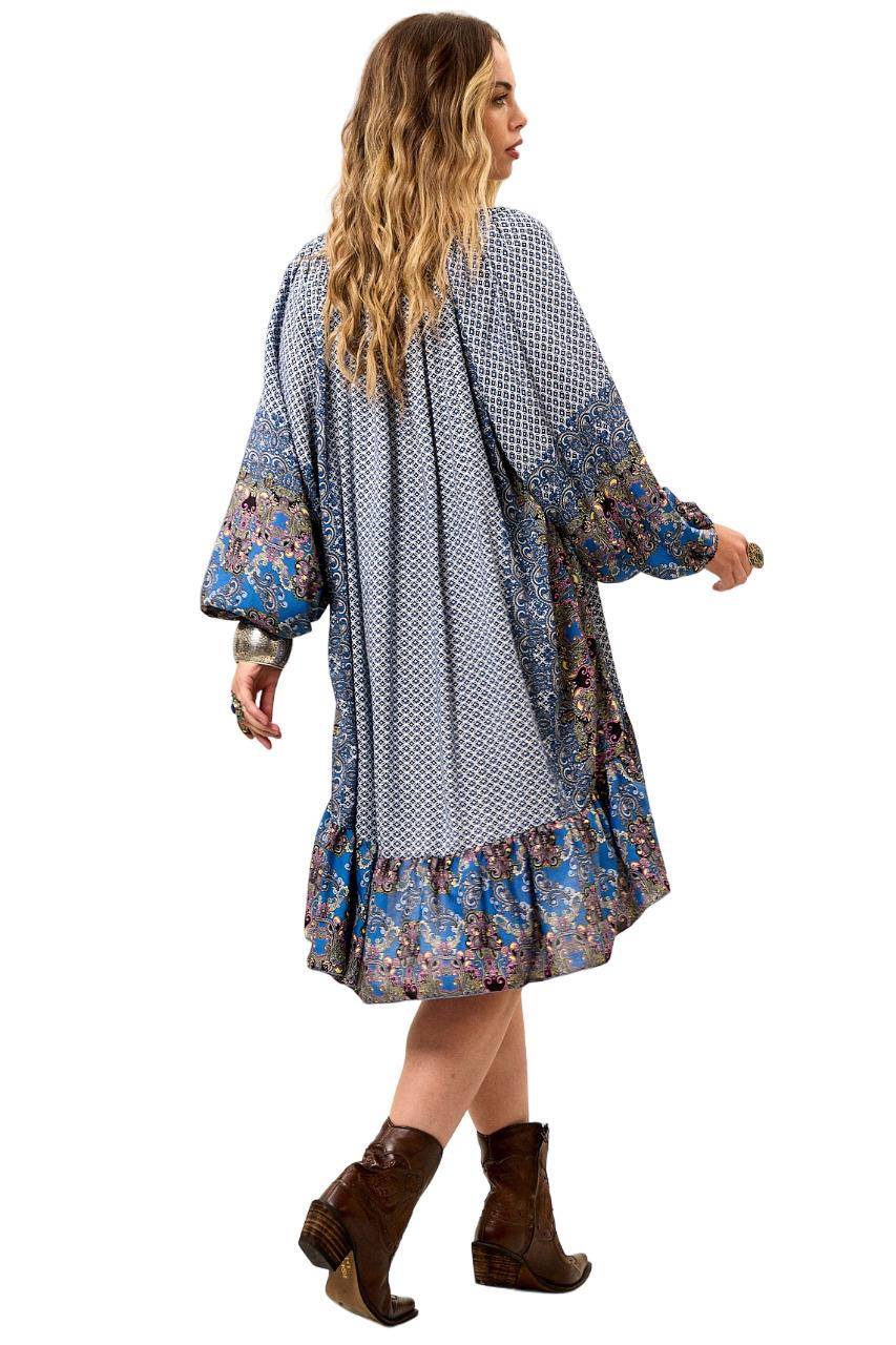 Yacamim Blue Patchwork Short Dress with Puffy Long Sleeves