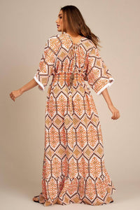 Yacamim Off-White Broderie Long Dress with Orange Print