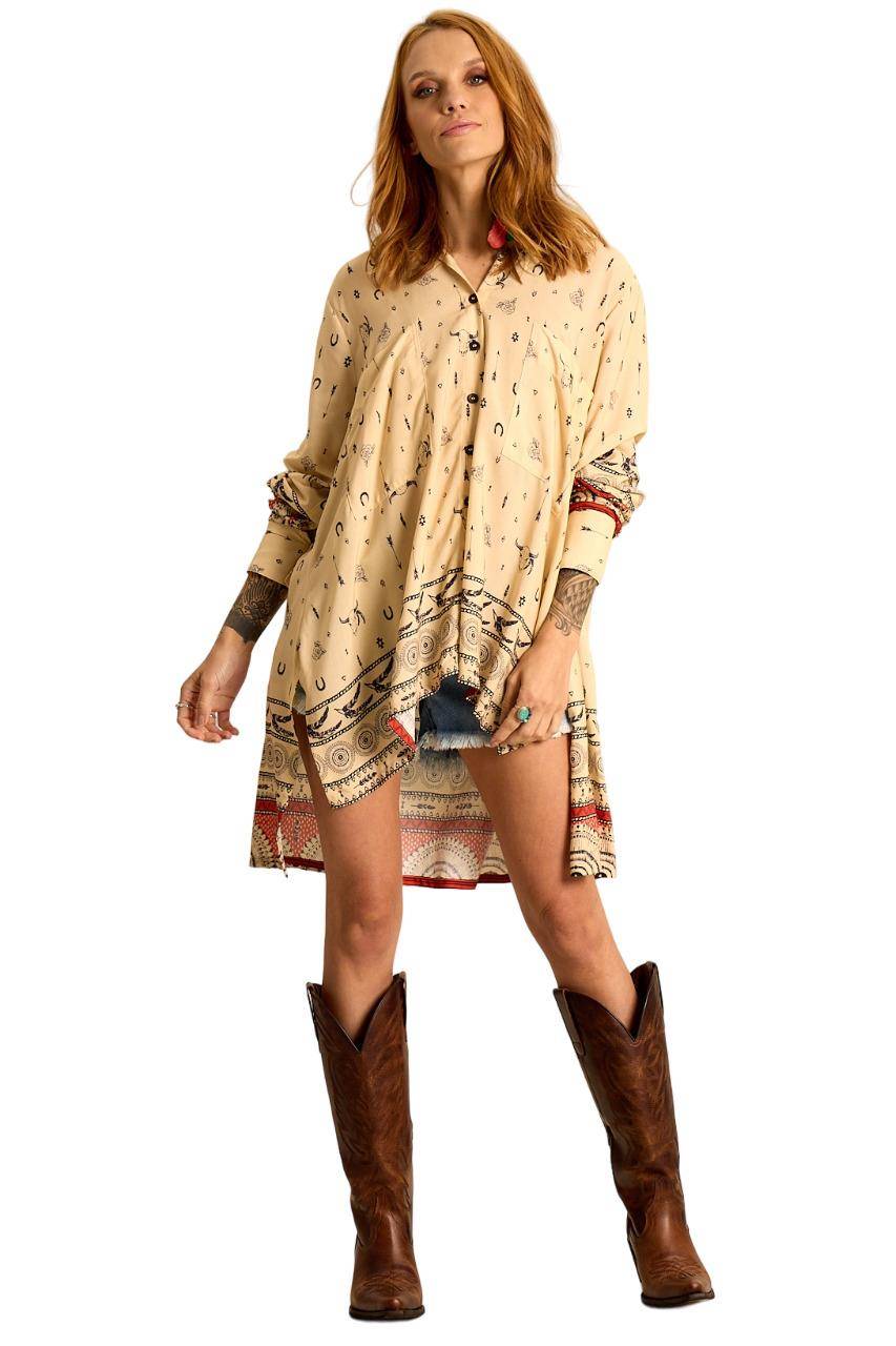 Relaxed Fit Long-Sleeve Tunic Shirt in Printed Beige Yacamim