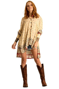 Relaxed Fit Long-Sleeve Tunic Shirt in Printed Beige Yacamim