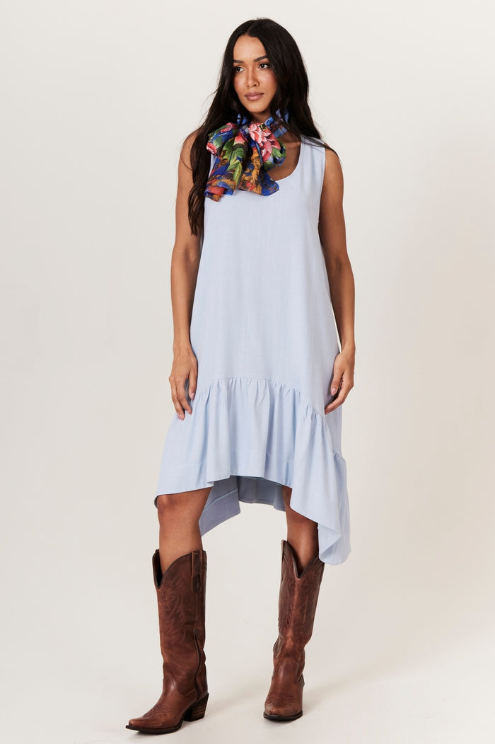 Light Blue Viscose Linen Sleeveless Short Dress with Pointed Hem Yacamim D15