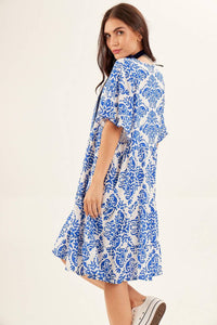 Yacamim Printed Blue V-Neck Short Dress